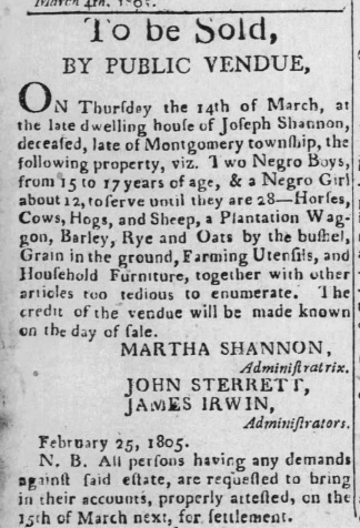 1805 advertisement for the public auction of three enslaved children in Franklin County, Pennsylvania.